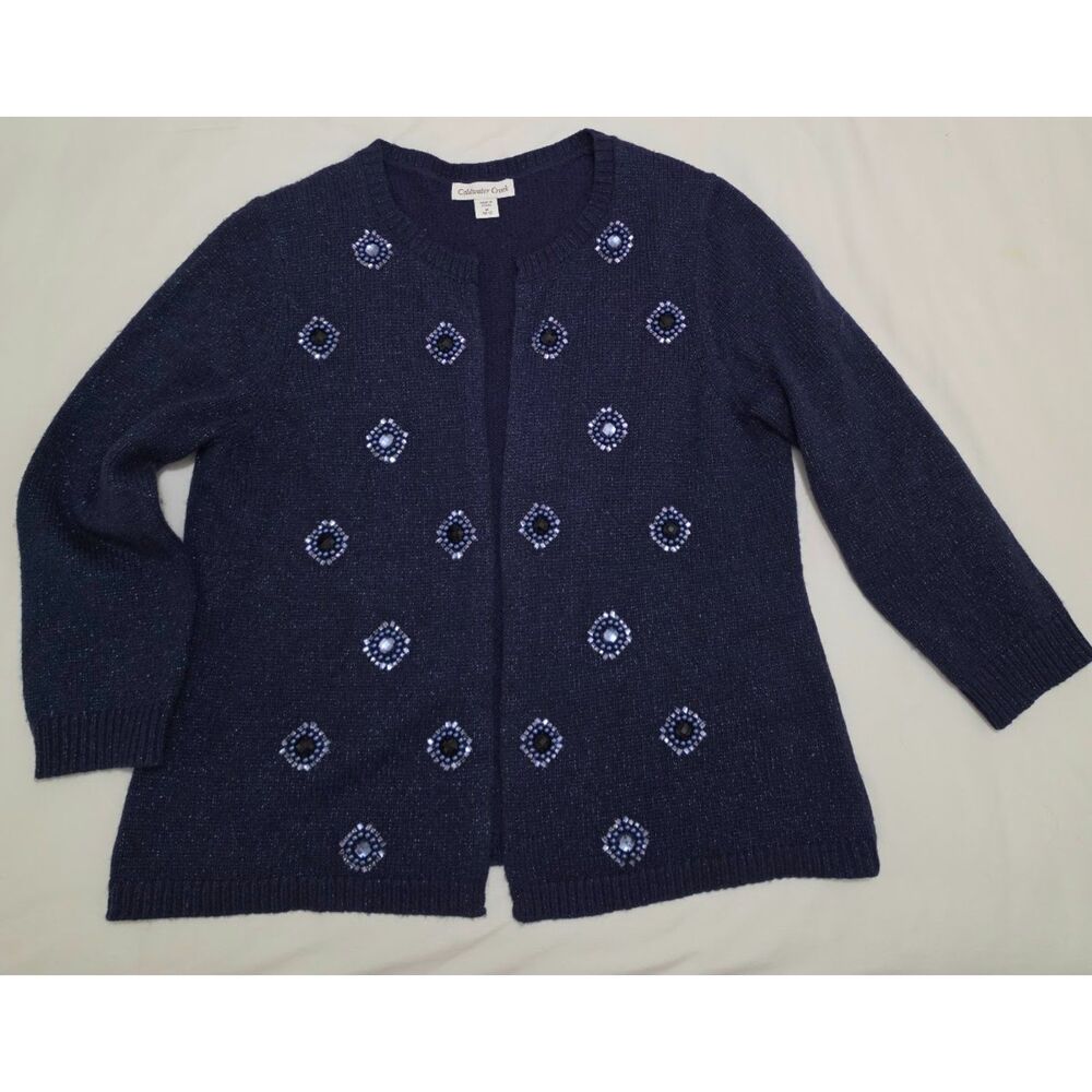 Metallic blue open-front cardigan with geometric rhinestones Coldwater Creek M